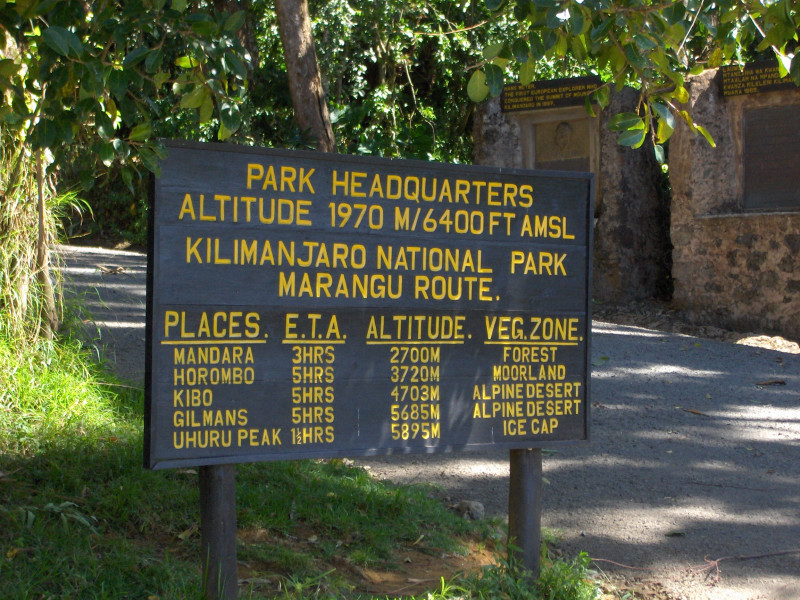 Marangu Route 5 days, day 1: Marangu Gate (1,830 m/ 6,000 ft) - Mandara Huts (2,700 m/ 8,858 ft)