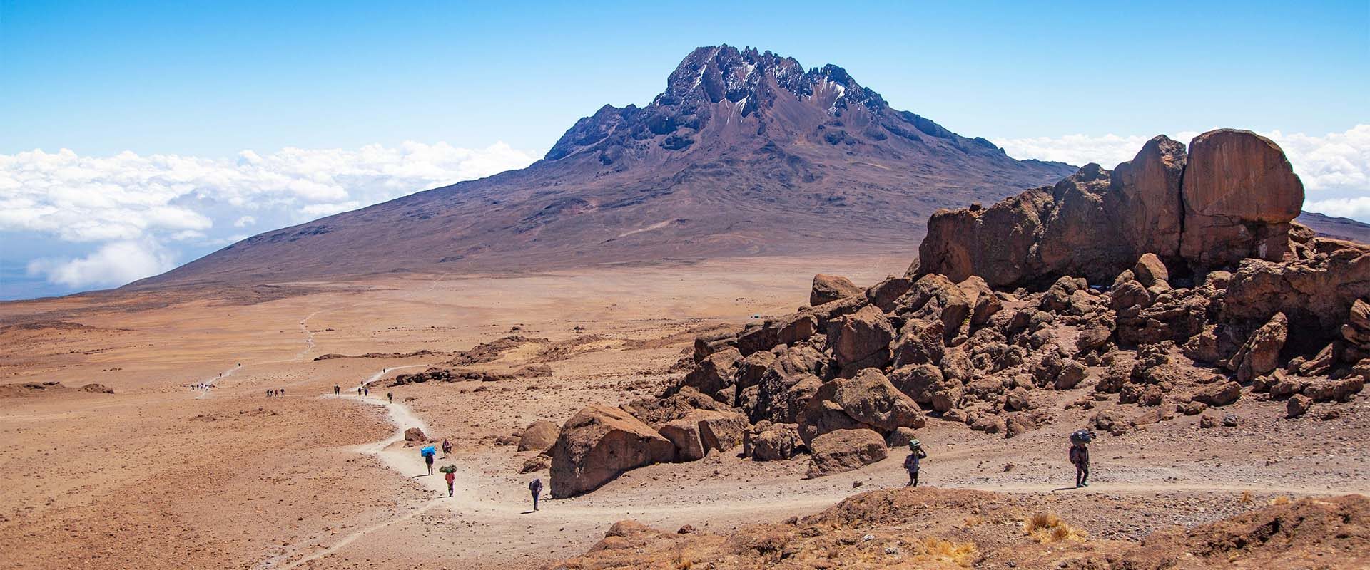 Trail leading to Mount Kilimanjaro in Tanzania with trekkers